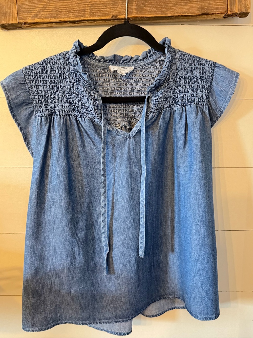 For The Republic Light Blue Smocked Tie-Neck Chambray Tunic